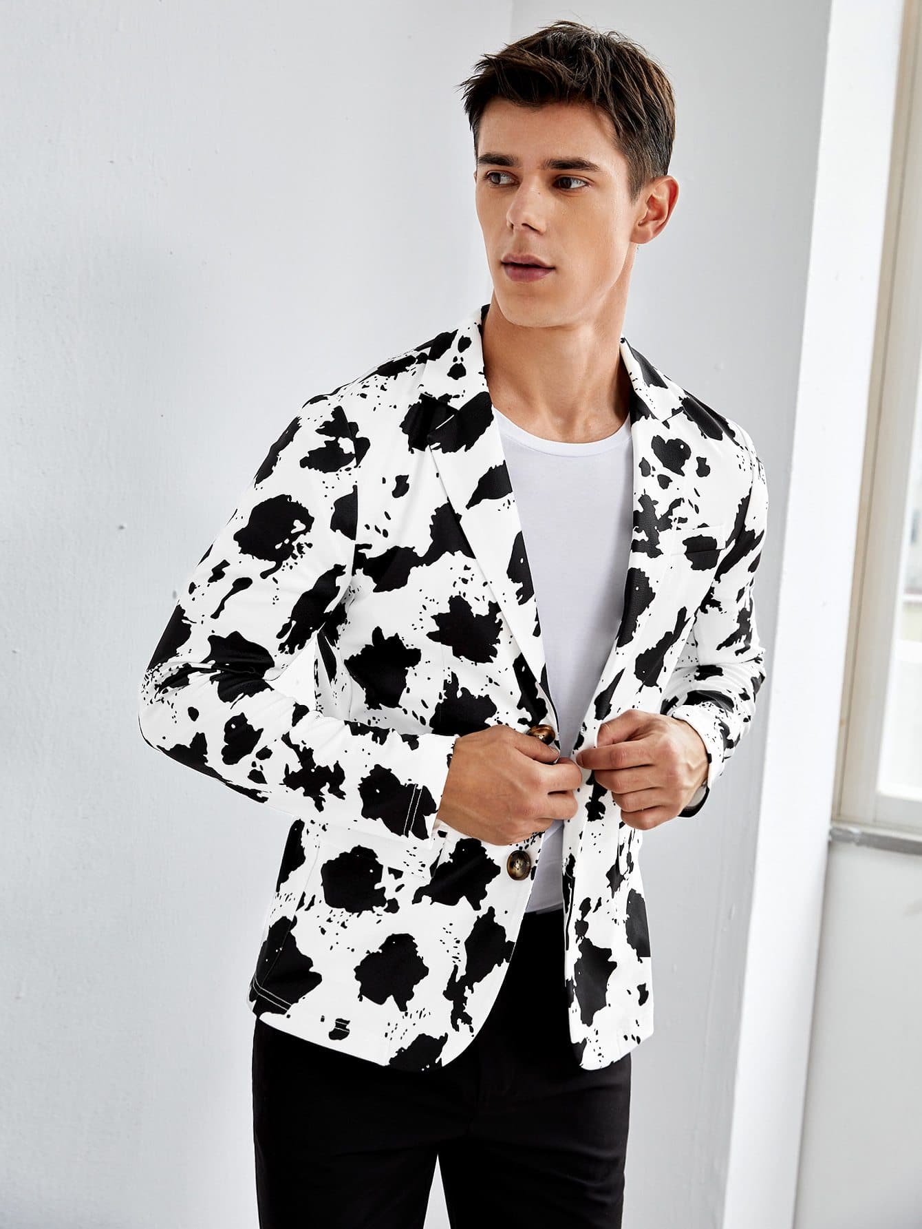 Single Breasted Cow Print Notch Collar Blazer
