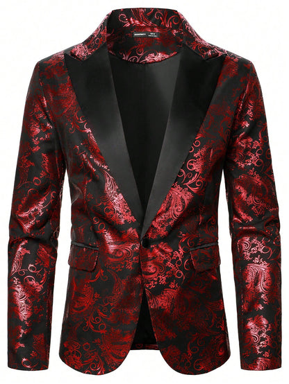 Baroque Print Lapel Collar Single Button Blazer