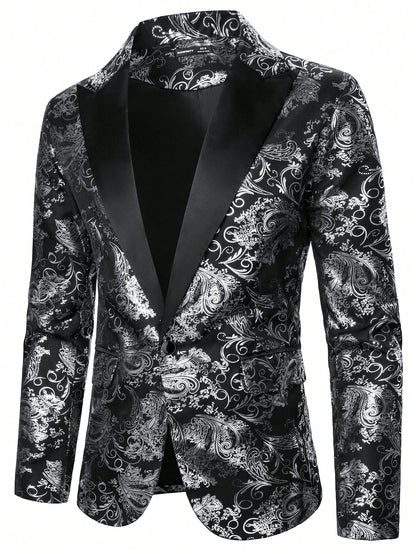 Baroque Print Lapel Collar Single Button Blazer