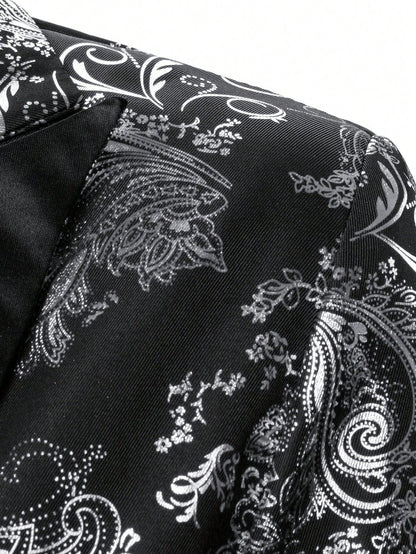 Baroque Print Lapel Collar Single Button Blazer