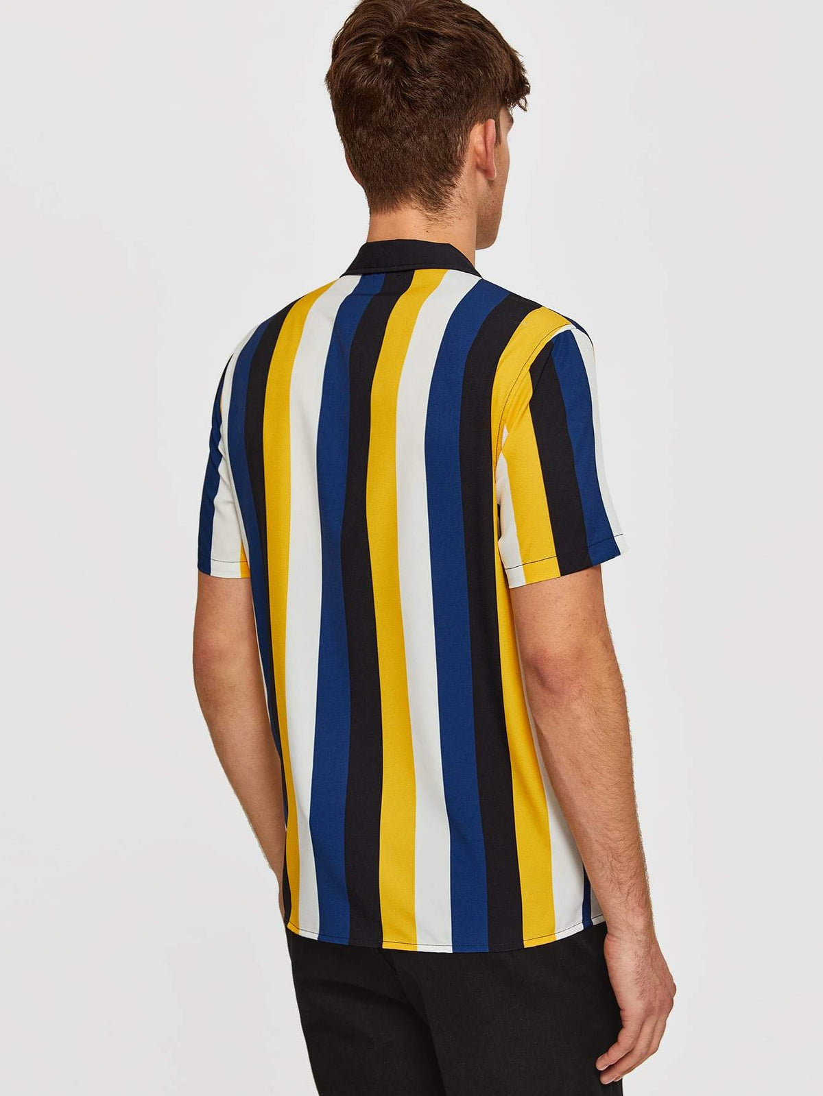 Button Front Revere Collar Colorblock Striped Shirt
