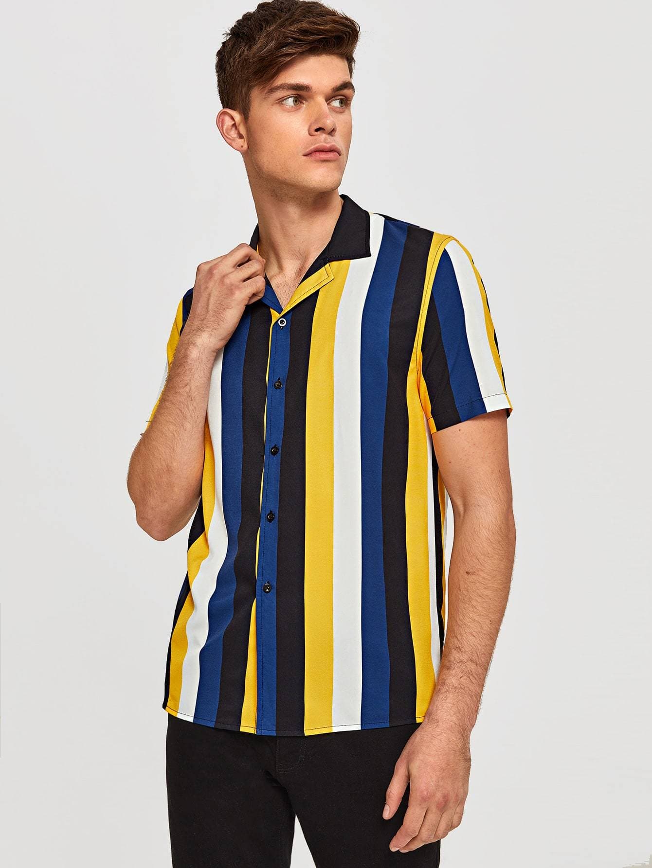 Button Front Revere Collar Colorblock Striped Shirt