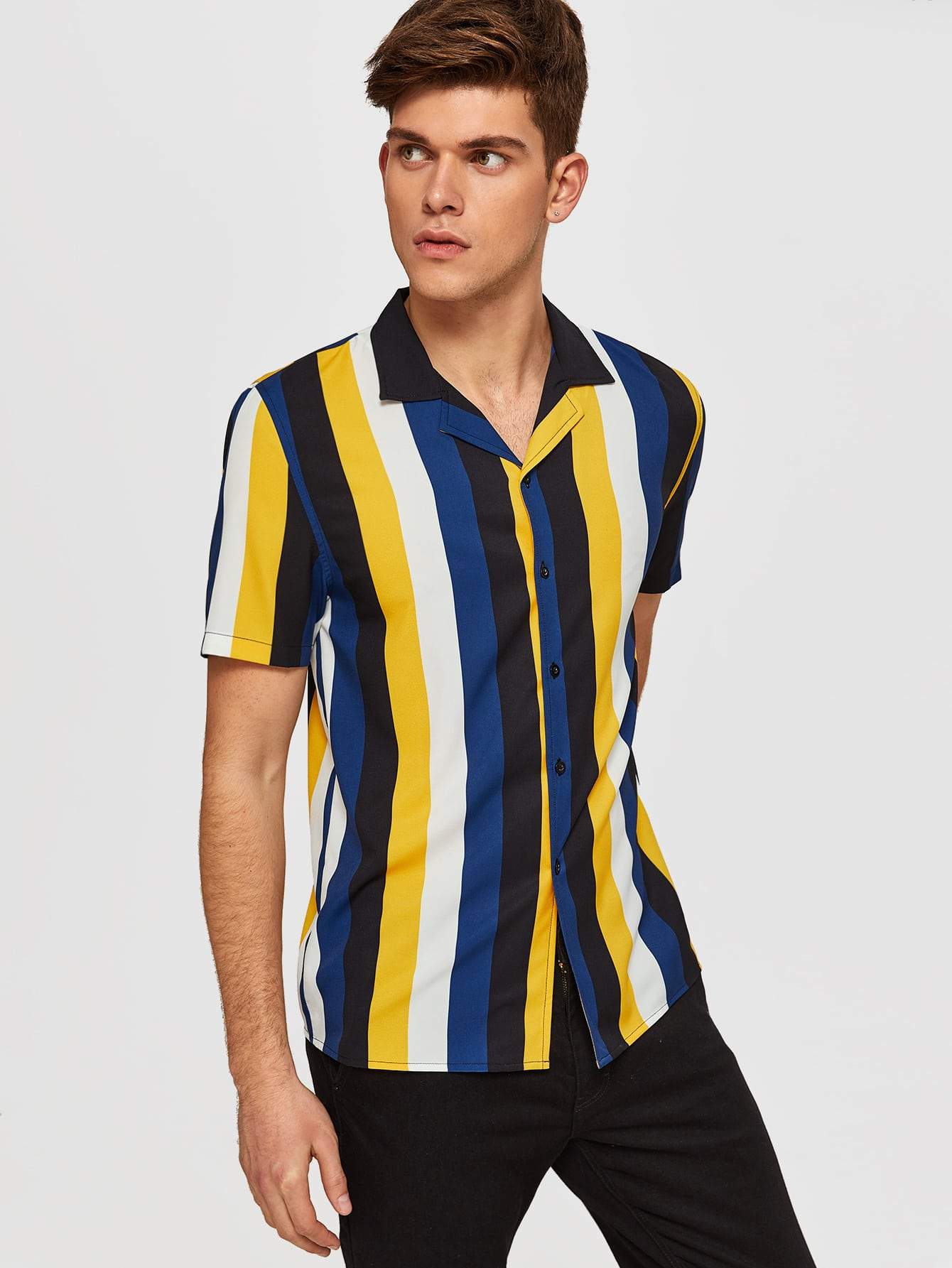 Button Front Revere Collar Colorblock Striped Shirt