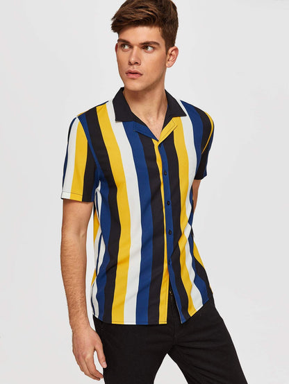 Button Front Revere Collar Colorblock Striped Shirt