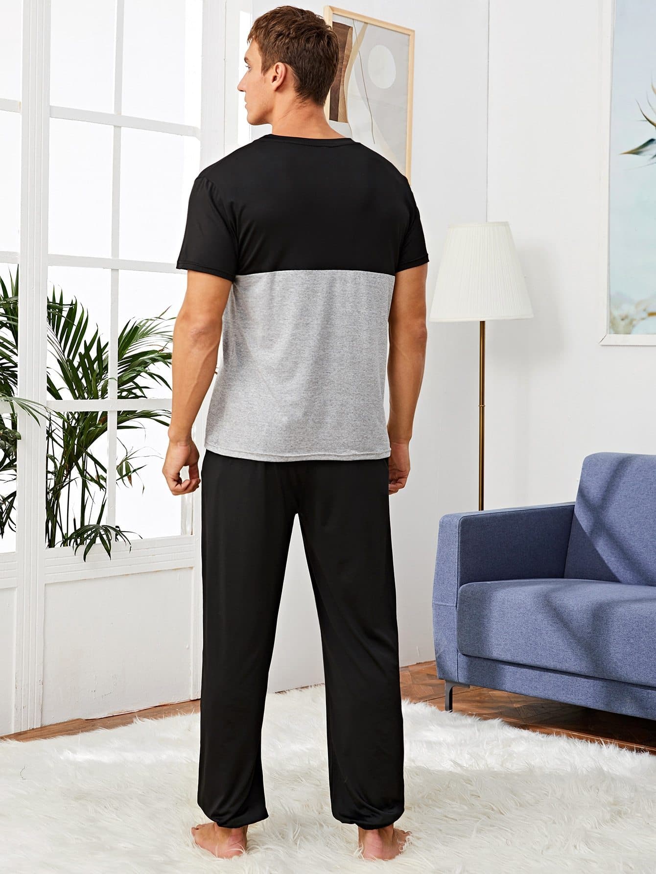 Round Neck Striped Colorblock Sleepwear Set