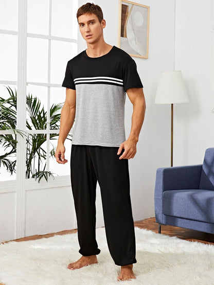 Round Neck Striped Colorblock Sleepwear Set