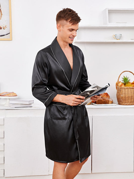 Contrast Binding Belted Satin Robe Sleepwear