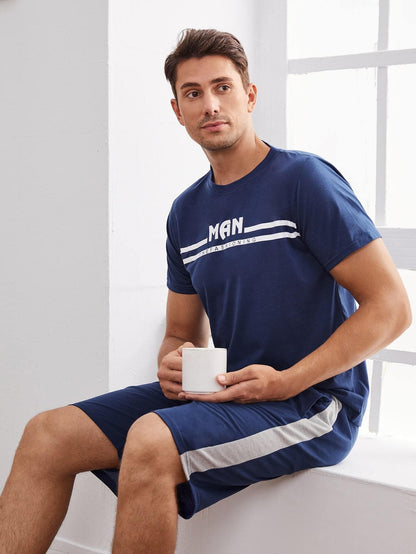 Round Neck Striped and Letter Graphic Pyjama Sleepwear Set