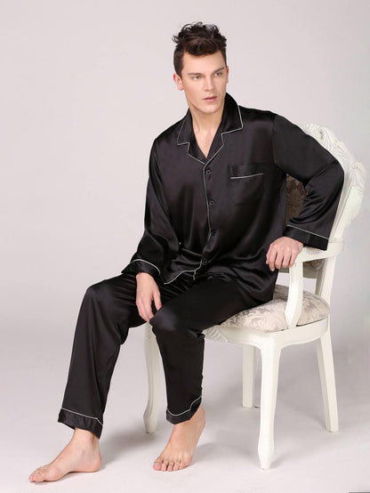 Lapel Collar Button Front Satin Pyjama Sleepwear Set