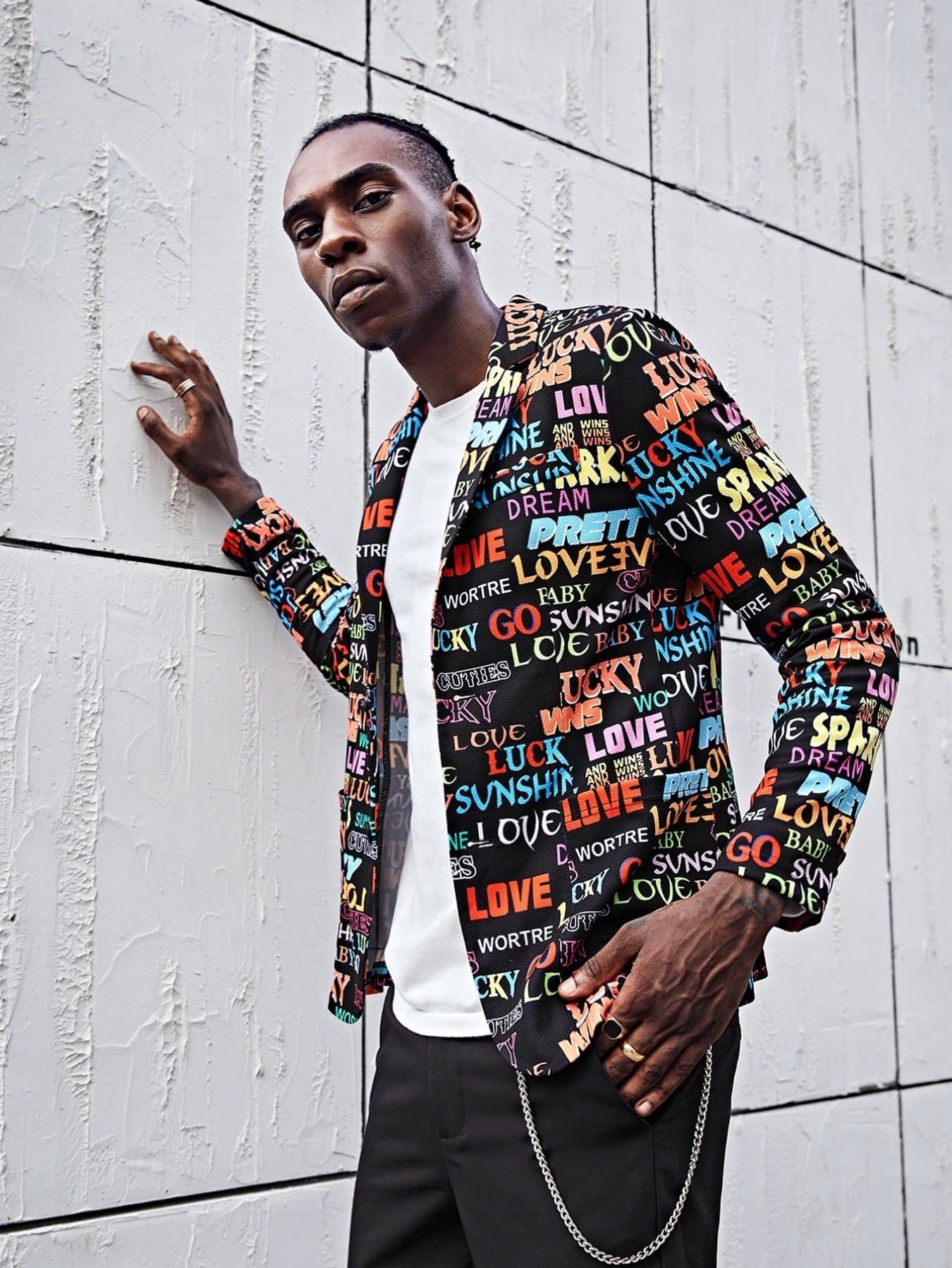 Single Breasted Notched Collar Patch Pocket Allover Letter Blazer