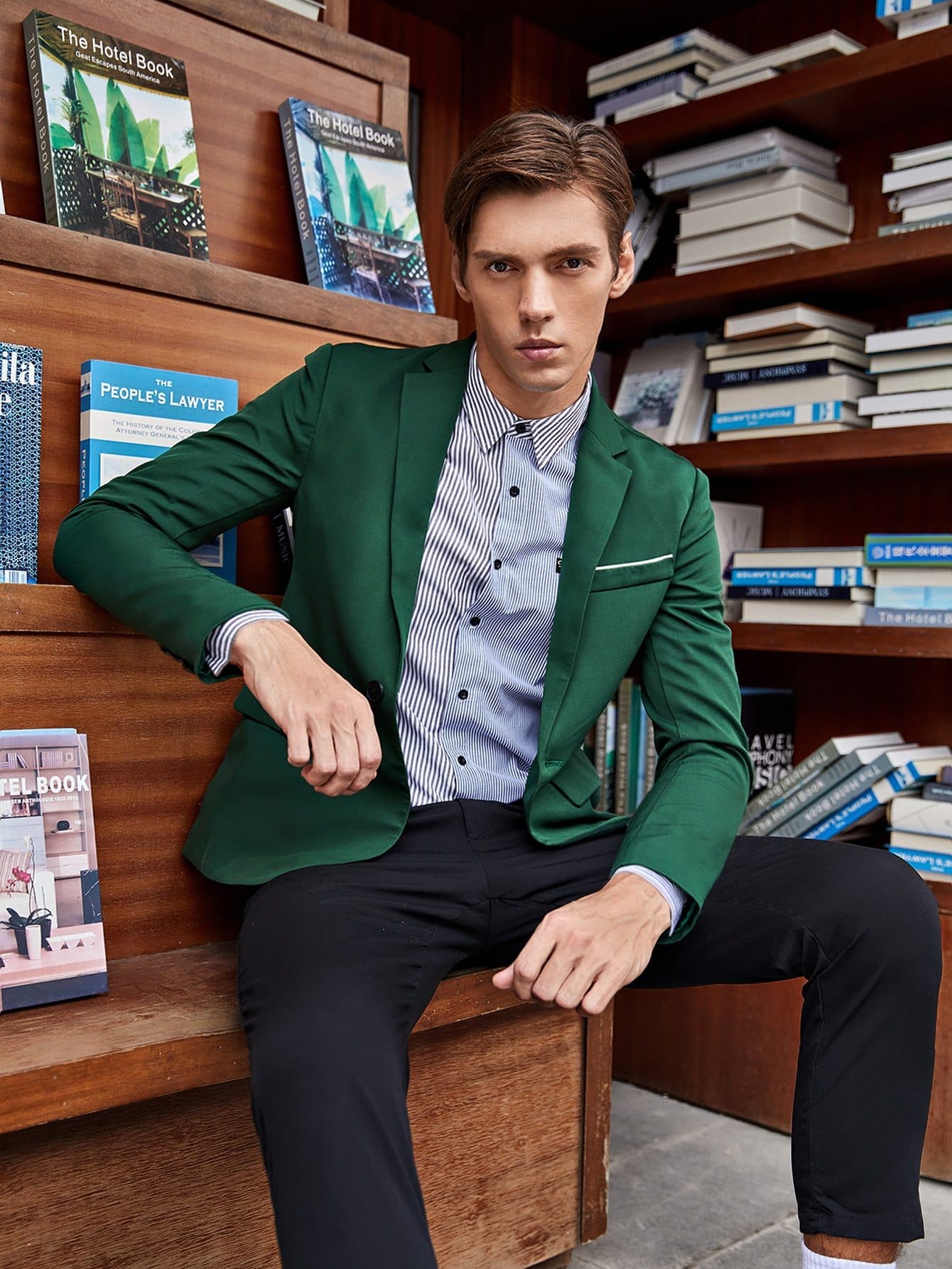 Dark Green Lapel Collar Flap Detail Single Button Blazer