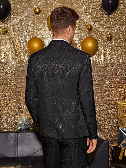 Black Double Breasted Peak Collar Jacquard Blazer