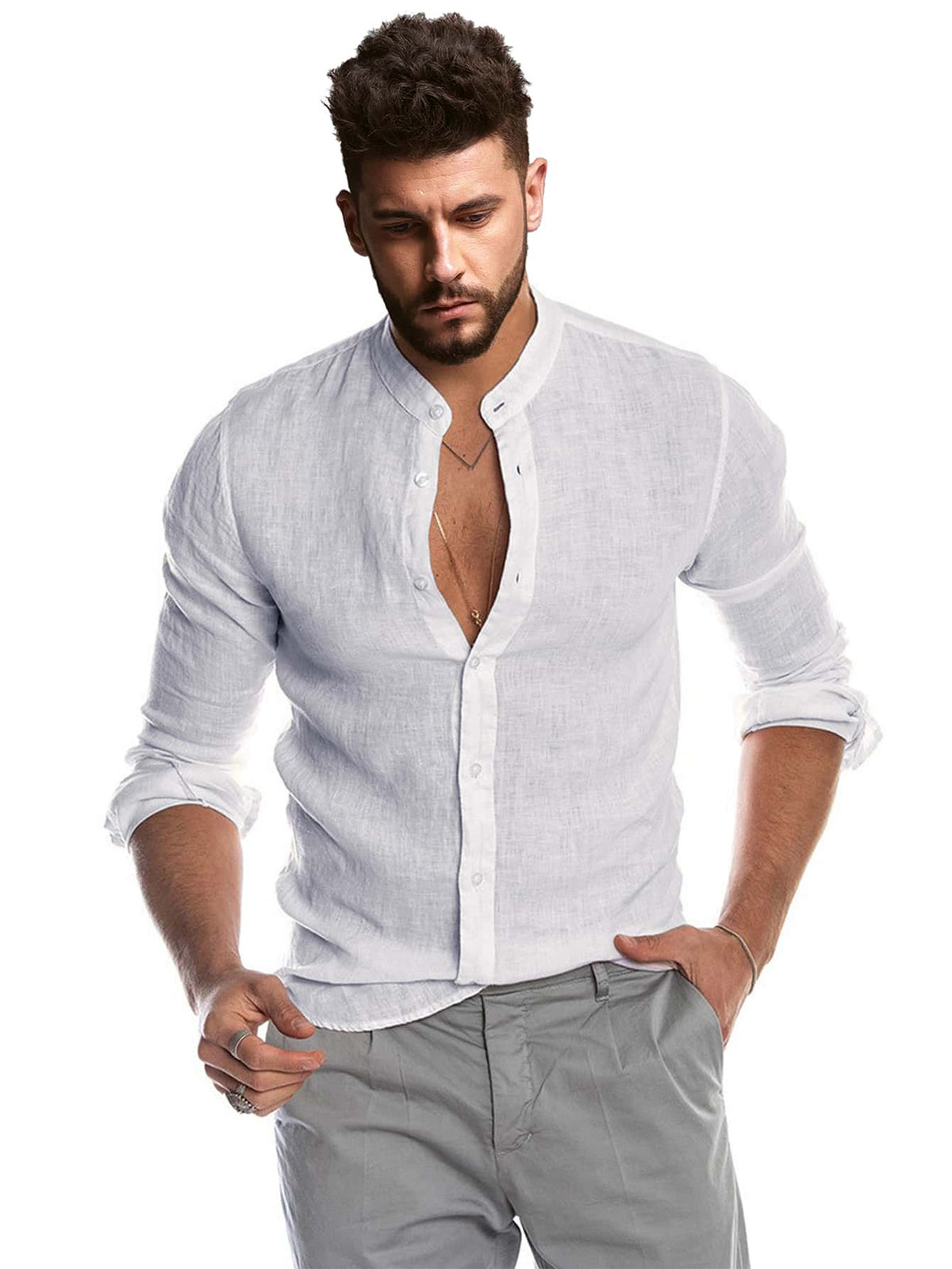 Stand Neck Button Up Long Sleeve Shirt