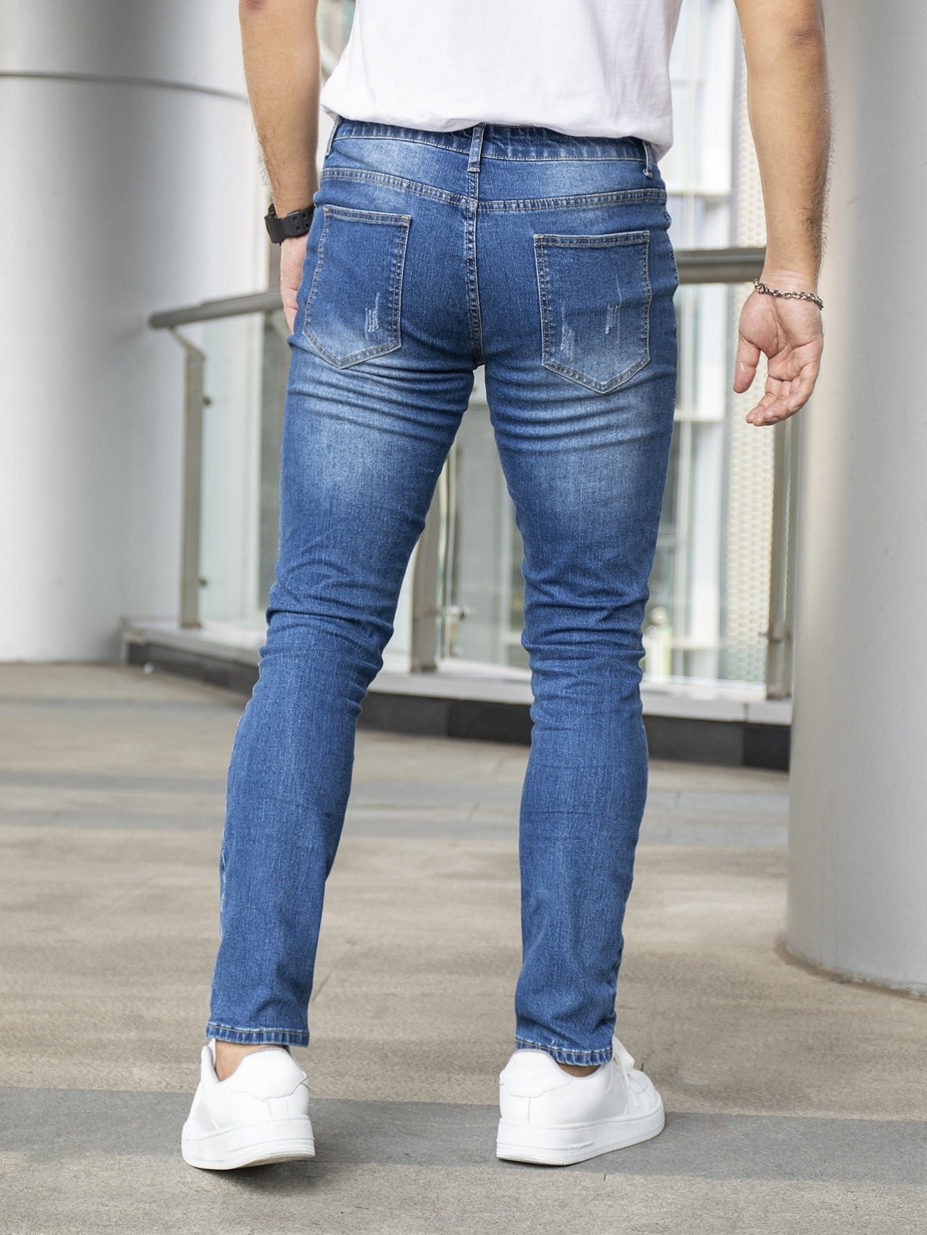 Blue Medium Wash Ripped Frayed Cat Scratch Skinny Jeans