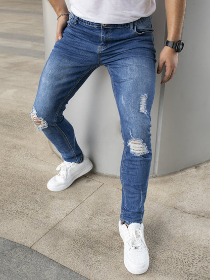 Blue Medium Wash Ripped Frayed Cat Scratch Skinny Jeans