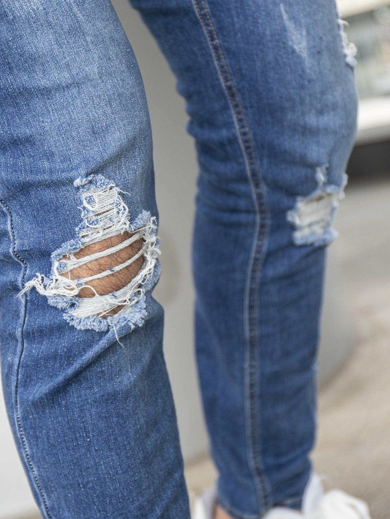 Blue Medium Wash Ripped Frayed Cat Scratch Skinny Jeans