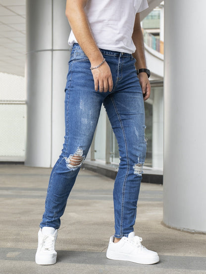 Blue Medium Wash Ripped Frayed Cat Scratch Skinny Jeans