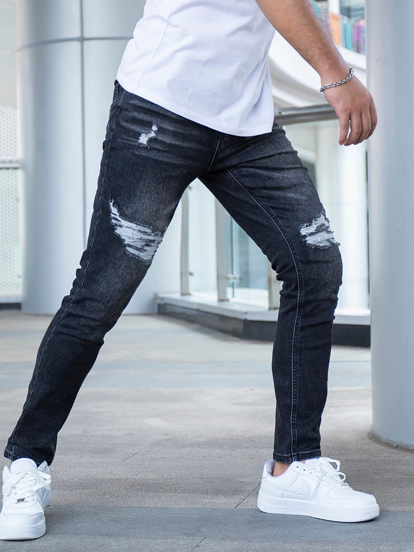 Black Button Front Washed Ripped Jeans