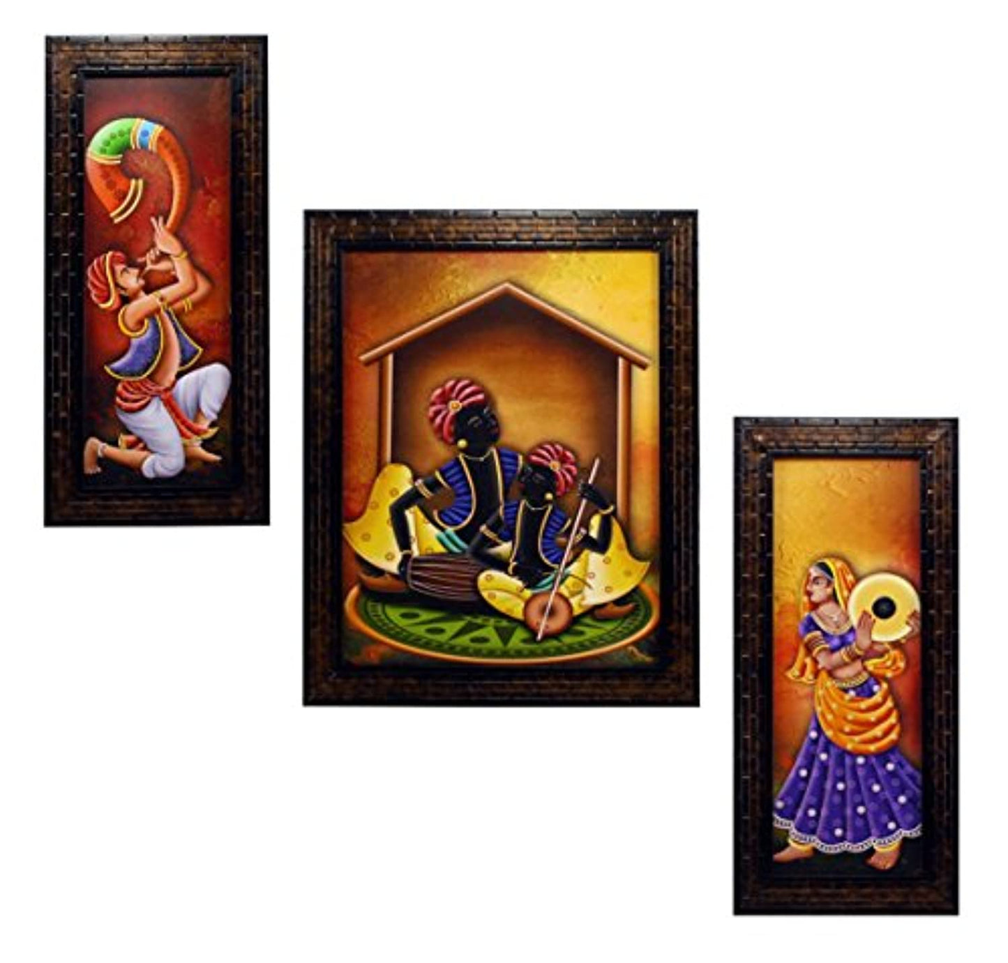 Set of 3 Rajasthani Folk Music & Dance Paintings Without Glass