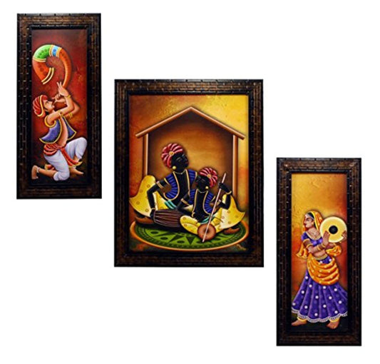Set of 3 Rajasthani Folk Music & Dance Paintings Without Glass