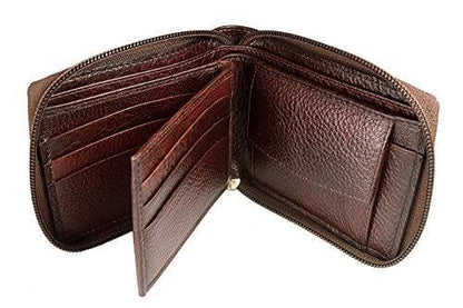 Brown Genuine Leather Round Zip Wallet RFID Blocking