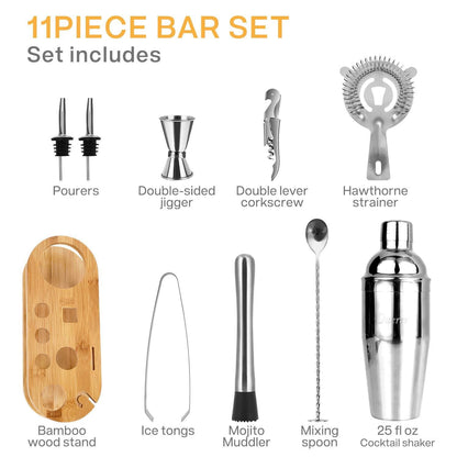 11-Piece Cocktail Shaker Set with Stylish Bamboo Bartender Kit with Stand