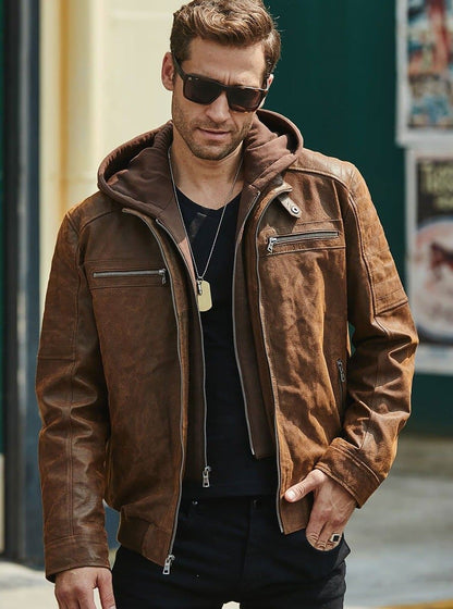 Brown Genuine Leather Jacket With A Removable Hood