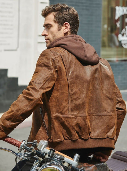 Brown Genuine Leather Jacket With A Removable Hood