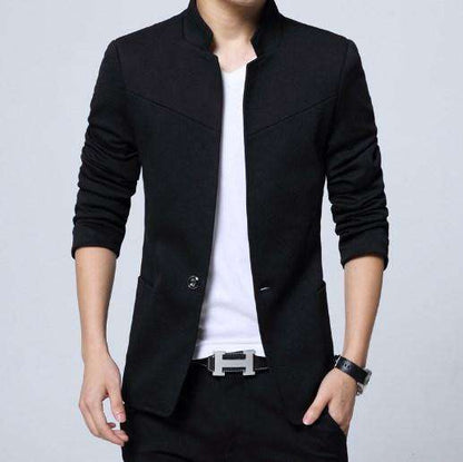 England Style Cotton Mandarin Collar Single Button Blazer